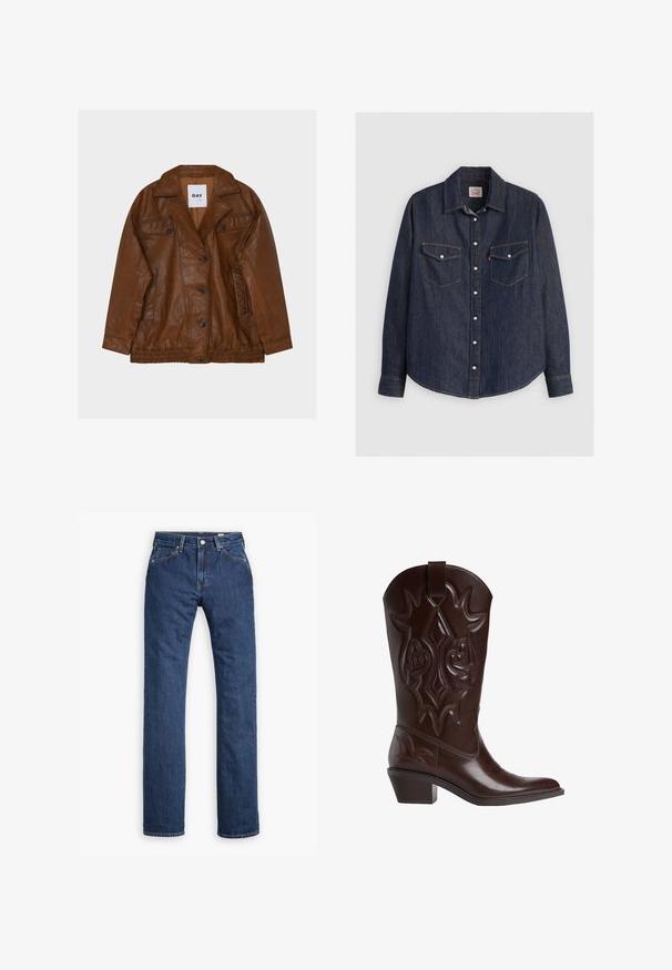 Brun læderjakke med knapper, bred krave, to brystlommer med knapper og elastisk linning, vist på en lysegrå baggrund.; Mørkeblå denimskjorte med lange ærmer, knaplukning fortil, to brystlommer med klapper og kontrasterende gule sømme.; Levi's® MOJ MIJ PLANK STRAIGHT - Jeans Straight Leg - stems; Brun cowboystøvle i læder med indviklede sømme, spids snude og stablet hæl. Har en træktab i toppen for nem påtagning.
