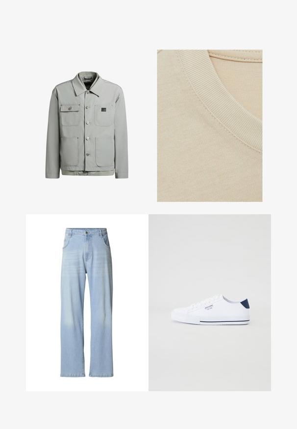 Hellgraue, knöpfbare Jacke mit vier Fronttaschen, einem Kragen und einem kleinen schwarzen rechteckigen Logo-Patch auf der oberen rechten Tasche.; Beige Baumwoll-T-Shirt-Stoff mit einem gerippten Rundhalsausschnitt und glatter Textur. Die Nahtdetails entlang des Ausschnitts verleihen einen subtilen Akzent.; Hellblaue Jeans aus Denim mit geradem Bein, dezent ausgewaschen, fünf Taschen und einem Metallknopfverschluss am Bund.; Weiße Canvas-Sneaker mit navyblauem Fersenakzent, flacher Gummisohle, runder Zehenpartie und weißen Schnürsenkeln. Mit Logo an der Seite.