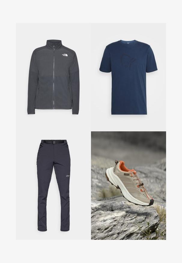 Veste en polaire gris foncé avec un col haut, une fermeture éclair sur toute la longueur, une empiècement supérieur texturé, des poches latérales et un logo blanc sur la poitrine.; Norrøna /29 COTTON VIKING T-SHIRT - T-shirt imprimé - indigo night/sky captain; Pantalons résistants à l'eau en gris foncé, fabriqués en tissu durable. Les caractéristiques incluent une ceinture, des poches latérales et des ouvertures zippées aux chevilles.; Chaussure de randonnée beige et orange avec semelle épaisse, étiquette GORE-TEX et marque "TERREX", montrée au-dessus d'un terrain rocheux.