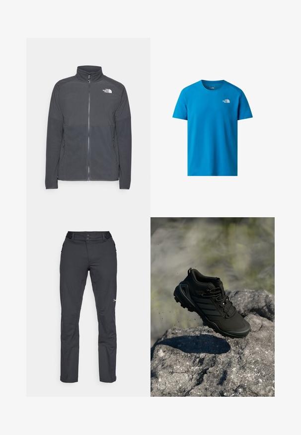 Mørkegrå fleecejakke med høj krave, fuld frontlynlås, struktureret øverste rygpanel, sidelommer og et hvidt logo på brystet.; Blå kortærmet t-shirt lavet af glat stof, med et lille hvidt logo på venstre bryst. Klassisk crew neck design.; Berghaus RIDGE ROAMER - Outdoorbukser - black; Sort trail løbesko med robust sål svævende over en klippete overflade, jordpartikler synlige i udendørs omgivelser.
