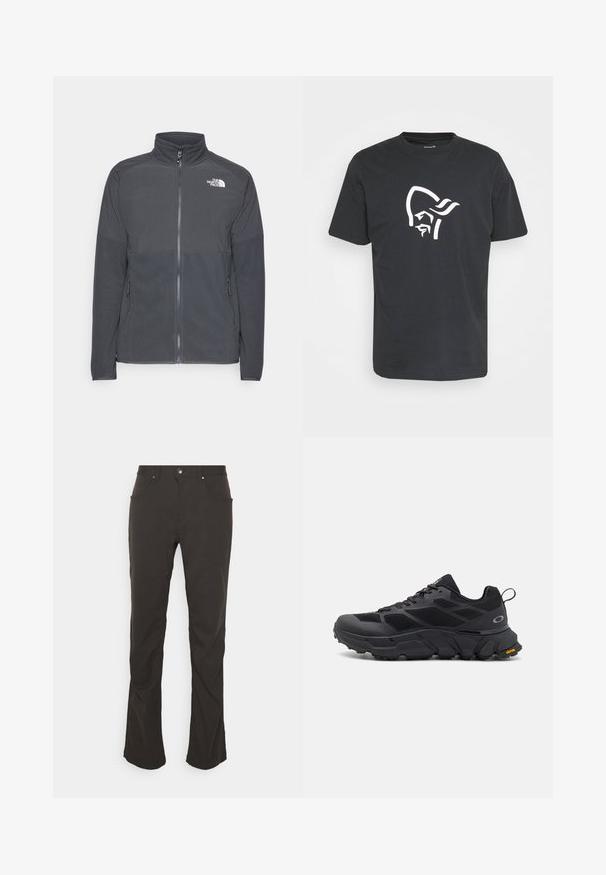 Donkergrijze fleecetrui met een hoge kraag, volledige rits aan de voorkant, gestructureerde bovenkant, zijzakken en een wit logo op de borst.; Zwart katoenen t-shirt met een grote witte afbeelding van een gestileerd gezicht met een hoofdtooi op de voorkant. Klassieke ronde halslijn en korte mouwen.; Zwarte, rechte broek met een gladde stofstructuur, voorzakken en een zilveren knoopsluiting. Eenvoudig ontwerp en strakke lijnen.; Zwarte sportschoenen met een stevige zool, een bovenwerk van mesh en synthetisch materiaal, getextureerde accenten en Vibram-branding op de buitenzool.