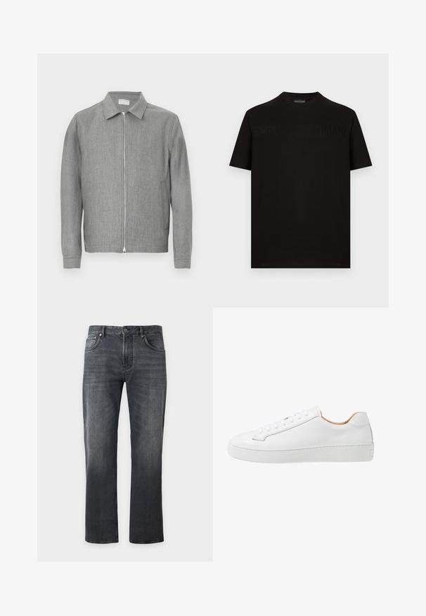 Heren grijze ritsjack met kraag, lange mouwen en zijzakken, gemaakt van gestructureerde stof.; Zwart katoenen T-shirt met korte mouwen en een ronde hals, met een reliëflogo over de borst. Soepele textuur en een comfortabele pasvorm.; Zwarte vervaagde jeans met rechte pijpen, voorzakken en knoopsluiting, weergegeven op een witte achtergrond.; Witte leren sneaker met een gladde afwerking, ronde neus, platte vetersluiting en een dikke rubberen zool met een gestructureerd grippatroon.