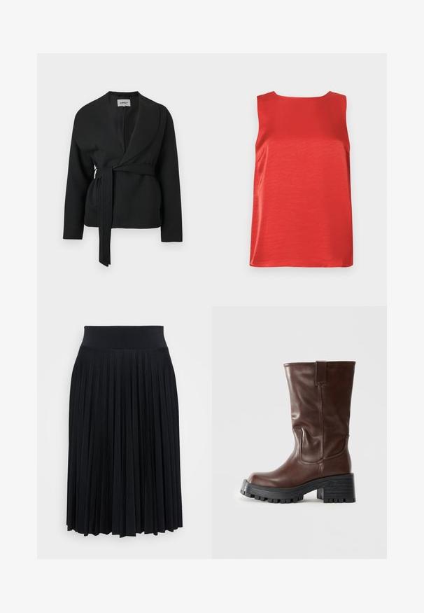 Schwarze Jacke mit Gürtel, Schalkragen und langen Ärmeln, die vor weißem Hintergrund hängt.; Rotes ärmelloses Top aus glattem Stoff mit geradem Schnitt und rundem Ausschnitt. Verfügt über Seitennaht zur Formgebung.; Schwarzer, plissierter Rock mit einem breiten Bund, gefertigt aus einem weichen Material. Verfügt über vertikale Falten für zusätzliche Textur und Bewegungsfreiheit.; Braune Lederstiefel bis zur Mitte der Wade mit dickem schwarzem Profilsohle und Blockabsatz, ausgestattet mit einer Zuglasche und gesteppten Details.