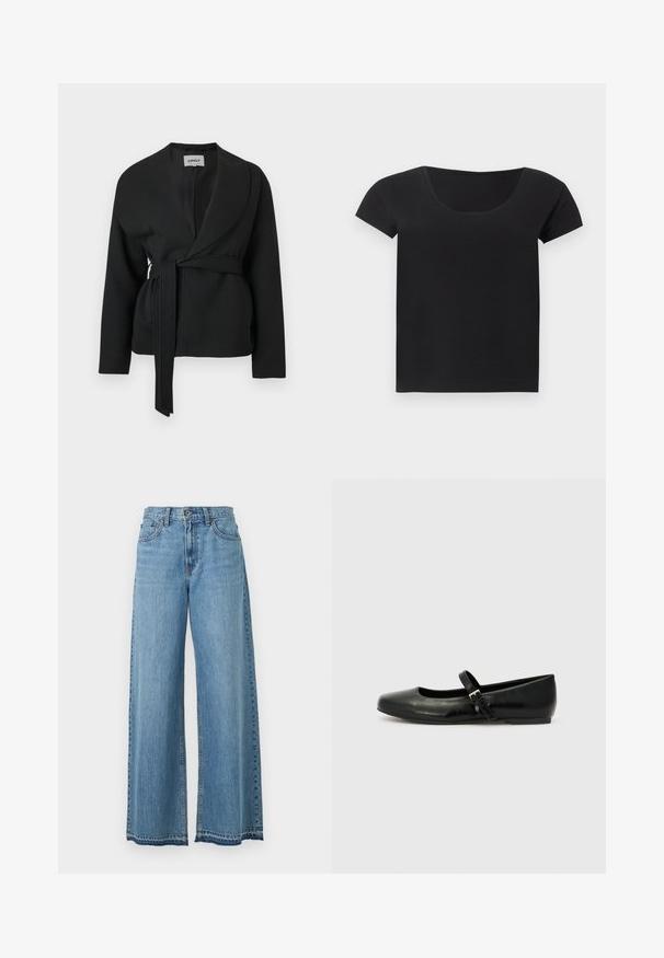 Zwarte jas met ceintuur, sjaalkraag en lange mouwen, hangend tegen een witte achtergrond.; Zwart kort mouw crop top met ronde hals, plat liggend op een effen lichtgrijze achtergrond.; Lichtblauwe high-waisted jeans met wijde pijpen, een voorste knoop, rits en klassiek ontwerp met vijf zakken, afgebeeld op een witte achtergrond.; Zwarte leren balletschoenen met een ronde neus, een platte zool en een dunne verstelbare band over de wreef met een metalen gesp.