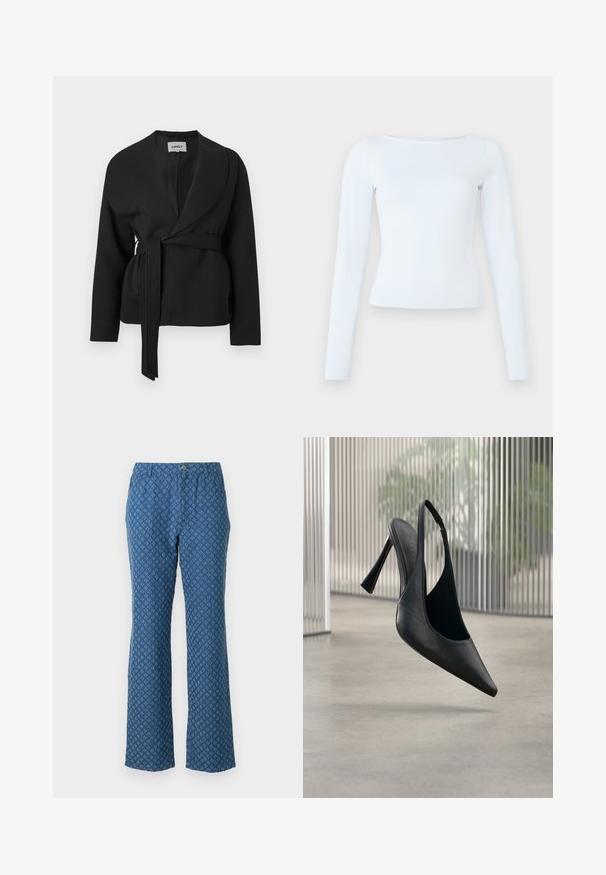 Chaqueta negra con cinturón, cuello tipo chal y mangas largas, colgada sobre un fondo blanco.; Camiseta ajustada de manga larga en un tono azul claro con escote barco y un diseño simple y limpio sobre un fondo liso.; Pantalones azules de diseño acampanado, con un patrón de diamantes y un cierre de botón en la parte delantera. Textura de tela suave.; Zapato de tacón stiletto con tira trasera de cuero negro y punta puntiaguda, flotando sobre un suelo de hormigón liso y fondo de panel metálico vertical.
