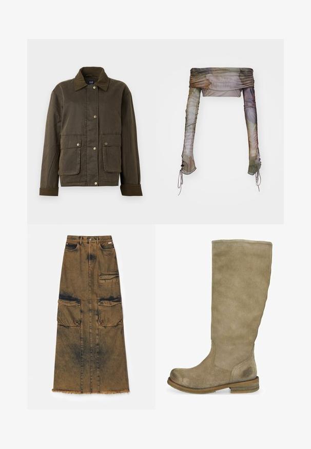 Mørkeolivengrøn jakke med kordfløjlskrave og manchetter, foran snapknapper og to store klaplommer.; Jaded London UP FOLD OVER - Langærmet T-shirt - multi; GCDS SKIRT - Denimnederdele - brown; Knæhøje beige ankelstøvler i ruskind med rund tå og tekstureret overflade. Brun træhælhæl med diskret logo-detalje nær ankelområdet.