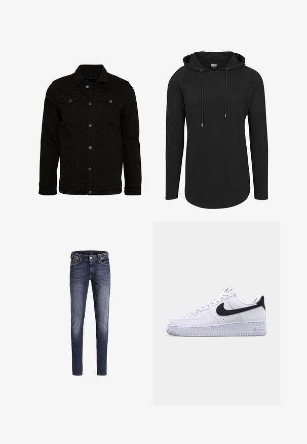 Sort denimjakke med et klassisk design, der har knaplukninger, to brystlommer og en let tekstureret overflade.; Sort hættetrøje med lange ærmer, ribbet tekstur, snore i halsen og en buet kant. Klassisk, minimalistisk design.; Mørkeblå slim-fit jeans med let falmning på lår og knæ, med forlommer, bæltestropper og knaplukning.; Hvide lædersneakers med en struktureret sort Swoosh, flade snørebånd og en gummisål med et rillemønster. "AIR" er præget på hælen.