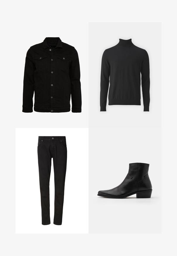 Sort denimjakke med et klassisk design, der har knaplukninger, to brystlommer og en let tekstureret overflade.; Sort turtleneck sweater lavet af blødt stof, med lange ærmer og ribbet krave, en glat tekstur og tætsiddende design.; Sorte denim jeans med en slim fit, der har en fronknaplukning, bæltestropper og fire lommer. Glat tekstur med minimale syningsdetaljer.; Sort læder ankelstøvle med spids tå, minimale syninger, en mellem-høj blokhælt og en glat, poleret finish.