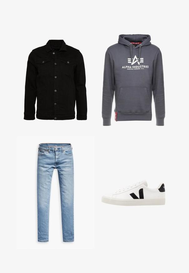 Sort denimjakke med et klassisk design, der har knaplukninger, to brystlommer og en let tekstureret overflade.; Grå hættetrøje lavet af en bomuldsblanding, med en front kangaroo lomme, snor i hætten og et hvidt logo på brystet.; Lyseblå denimbukser, lige pasform, fem-lomme design, med lynlås og knaplukning. Glat tekstur med subtile falmede detaljer.; Hvide lædersneakers med sorte ruskindsdetaljer; har en gummisål, rund tå og klassisk snørebåndsdesign. Side logo i sort.