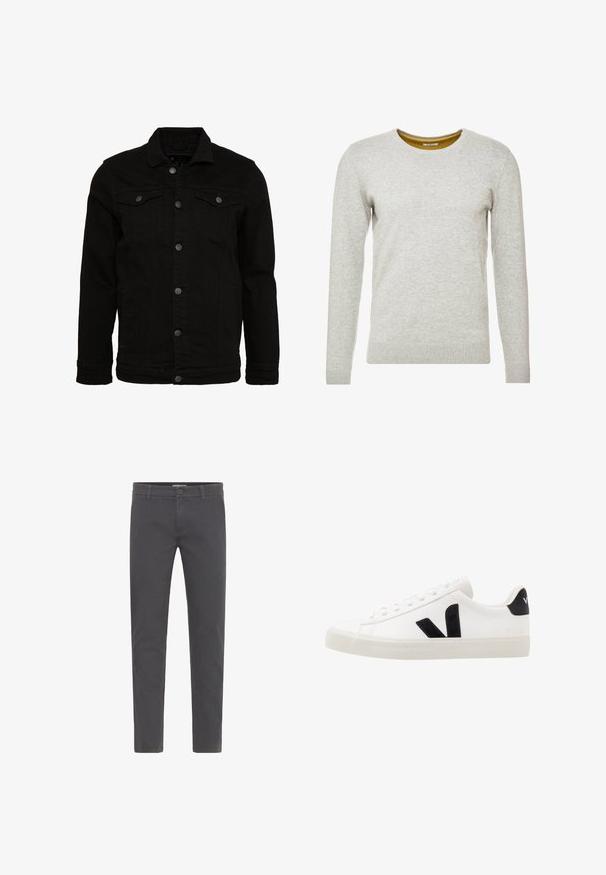 Chaqueta de mezclilla negra con un diseño clásico, cuenta con un cierre de botones, dos bolsillos en el pecho y una superficie ligeramente texturizada.; TOM TAILOR CREW NECK - Jersey de punto - light soft grey melange; Pantalones grises de corte ajustado, elaborados en suave algodón. Presentan un cierre con botón, presillas para cinturón y un diseño limpio y aerodinámico. Sin patrones visibles.; Zapatilla de cuero blanca con acentos de ante negro; presenta una suela de goma, puntera redonda y un diseño clásico de cordones. Logo lateral en negro.