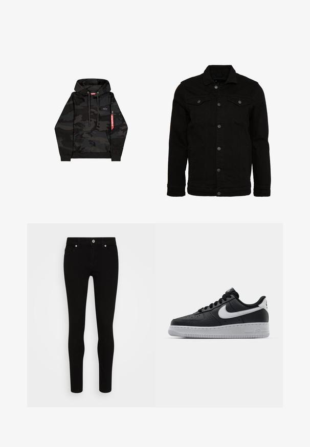 Schwarze Jeansjacke mit klassischem Design, ausgestattet mit Knopfverschluss, zwei Brusttaschen und einer leicht strukturierten Oberfläche.; Schwarzer und dunkelgrauer Tarn-Hoodie mit Fronttasche, verstellbaren Kordeln und rotem Reißverschlussanhänger am linken Ärmel.; Schwarze Skinny-Jeans mit glatter Textur, Fünf-Taschen-Design, vorderer Knopfverschluss und schlankem Schnitt. Minimalistischer Stil ohne sichtbare Muster.; Schwarze Ledersneaker mit strukturierten Oberflächen, weißem Nike-Swoosh, grauer Sohle, runder Zehenpartie und Schnürdesign. Verfügt über Perforationen an der Zehenbox.