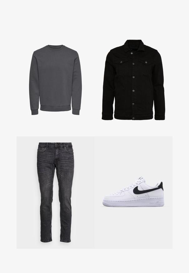 Sort denimjakke med et klassisk design, der har knaplukninger, to brystlommer og en let tekstureret overflade.; Grå sweatshirt lavet af blødt stof med rund halsudskæring, lange ærmer og ribbede manchetter og kant for en tætsiddende pasform. Ingen mønstre eller logoer.; Sorte denimjeans med lige pasform, let falmet tekstur, fem lommer, metalknap og lynlås. Bunden er ren og rå.; Hvide lædersneakers med en struktureret sort Swoosh, flade snørebånd og en gummisål med et rillemønster. "AIR" er præget på hælen.