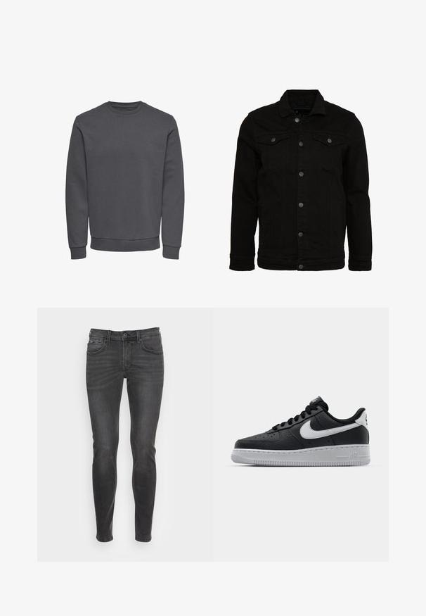Veste en denim noir au design classique, dotée de fermetures à boutons, de deux poches poitrine et d'une surface légèrement texturée.; Sweatshirt gris en tissu doux avec un col rond, des manches longues et des poignets et un ourlet côtelés pour un ajustement snug. Sans motifs ni logos.; Jeans noirs slim avec une texture lisse, présentant un design classique à cinq poches et un léger dégradé sur le devant.; Baskets en cuir noir avec surface texturée, swoosh Nike blanc, semelle grise, bout rond et design à lacets. Comprend des perforations sur la boîte à orteils.