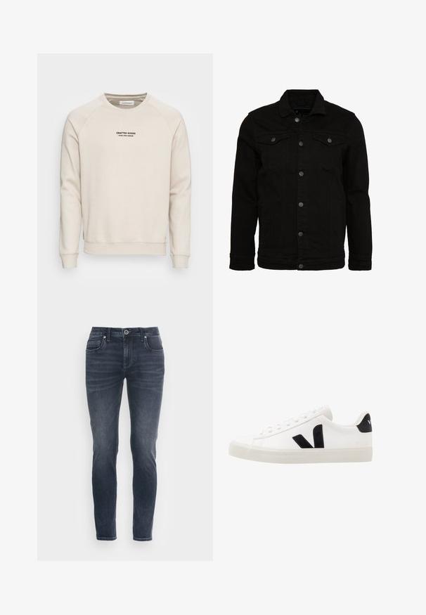 Zwarte denimjas met een klassiek design, voorzien van knoopsluitingen, twee borstzakken en een licht gestructureerd oppervlak.; Crème-kleurige sweatshirt met raglanmouwen, ribgebreide manchetten en zoom. Bevat een zwart tekstlogo aan de voorkant. Zacht, geweven stof.; Donkerblauwe denim jeans met een slim fit, vijf zakken en een knoopsluiting. Heeft vervaagde delen en subtiele branding op de tailleband.; Witte leren sneaker met zwarte suède accenten; voorzien van een rubberen zool, ronde neus en een klassieke vetersluiting. Zijkant met logo in het zwart.