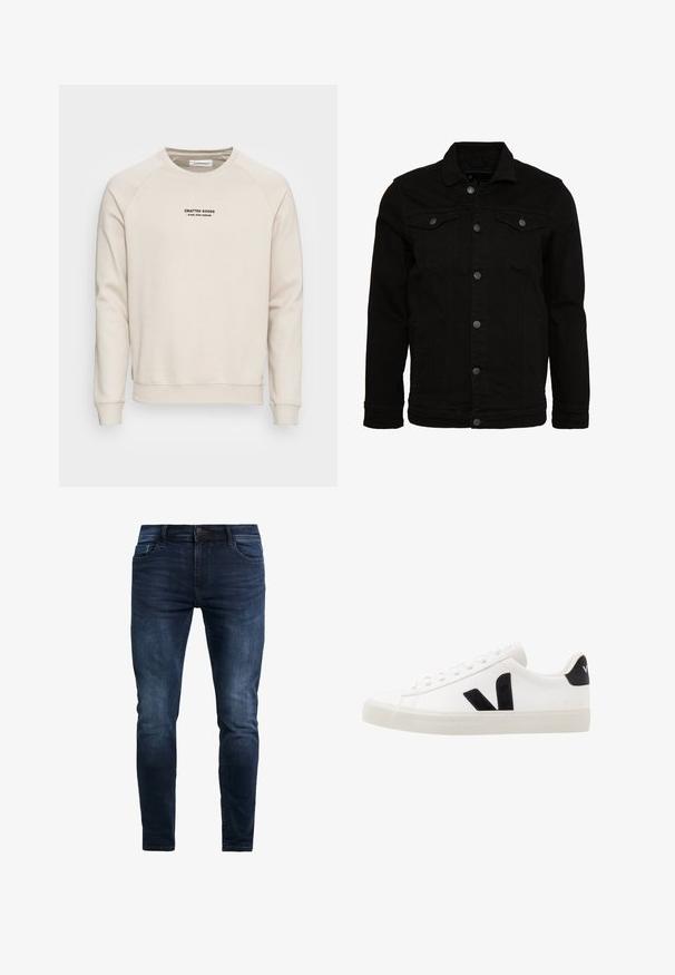 Zwarte denimjas met een klassiek design, voorzien van knoopsluitingen, twee borstzakken en een licht gestructureerd oppervlak.; Crème-kleurige sweatshirt met raglanmouwen, ribgebreide manchetten en zoom. Bevat een zwart tekstlogo aan de voorkant. Zacht, geweven stof.; Donkerblauwe denim jeans met een slim fit, voorzien van stikdetails, een frontknop en vijf zakken vooropslag.; Witte leren sneaker met zwarte suède accenten; voorzien van een rubberen zool, ronde neus en een klassieke vetersluiting. Zijkant met logo in het zwart.