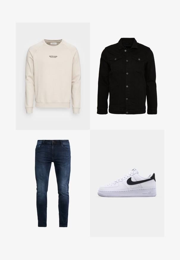 Zwarte denimjas met een klassiek design, voorzien van knoopsluitingen, twee borstzakken en een licht gestructureerd oppervlak.; Crème-kleurige sweatshirt met raglanmouwen, ribgebreide manchetten en zoom. Bevat een zwart tekstlogo aan de voorkant. Zacht, geweven stof.; Donkerblauwe denim jeans met een slim fit, voorzien van stikdetails, een frontknop en vijf zakken vooropslag.; Witte leren sneaker met een gestructureerde zwarte Swoosh, platte veters en een rubberen zool met een geribbeld patroon. "AIR" is in de hak geperst.