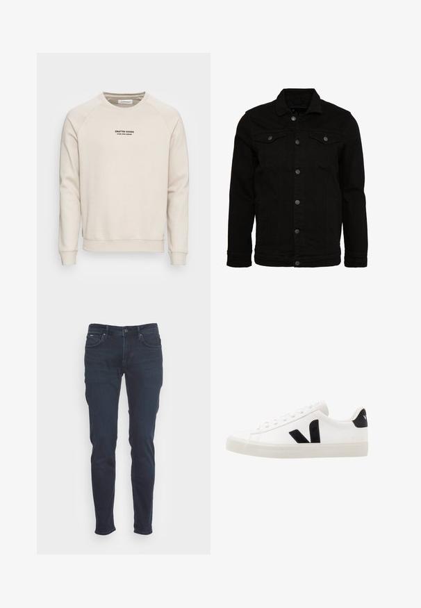 Sort denimjakke med et klassisk design, der har knaplukninger, to brystlommer og en let tekstureret overflade.; Cremefarvet sweatshirt med raglanærmer, ribbede manchetter og kant. Har et sort tekstlogo på fronten. Blødt, tekstureret stof.; Mørkeblå jeans i slim fit-design. Fremstillet af denim, med knap- og lynlåslukning, fem lommer og subtile stikninger.; Hvide lædersneakers med sorte ruskindsdetaljer; har en gummisål, rund tå og klassisk snørebåndsdesign. Side logo i sort.