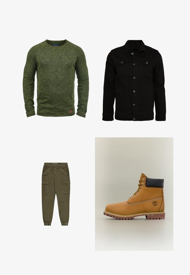 Sort denimjakke med et klassisk design, der har knaplukninger, to brystlommer og en let tekstureret overflade.; Grøn sweater lavet af struktureret strikstof, med rund hals, lange ærmer og et lille brunt logo-patch på den nederste front.; Olivengrønne cargobukser i bomuldsblanding med elastisk talje, flere lommer foran og tilspidsede manchetter ved anklerne.; Brun læderankelstøvle med sort krave, gule snørebånd og tanfarvet sål. Har logo og hvide syninger som detalje. Robust ydersål med greb.