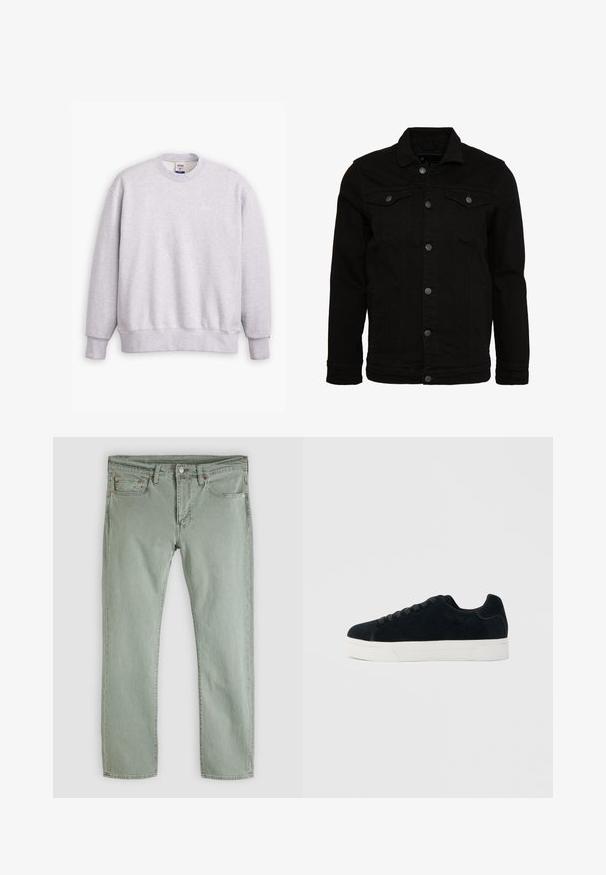 Sort denimjakke med et klassisk design, der har knaplukninger, to brystlommer og en let tekstureret overflade.; Grå sweatshirts med rund halsudskæring, lange ærmer, ribbede manchetter og kant. Har et lille "Levi's" logo i lysegul på forsiden.; Lysegrønne denimjeans med fem lommer, knaplukning, bæltestropper og lige ben, lagt fladt på hvid baggrund.; Sort ruskind lavtop-sneaker med sorte snørebånd og tyk hvid gummisål på en lys grå baggrund.