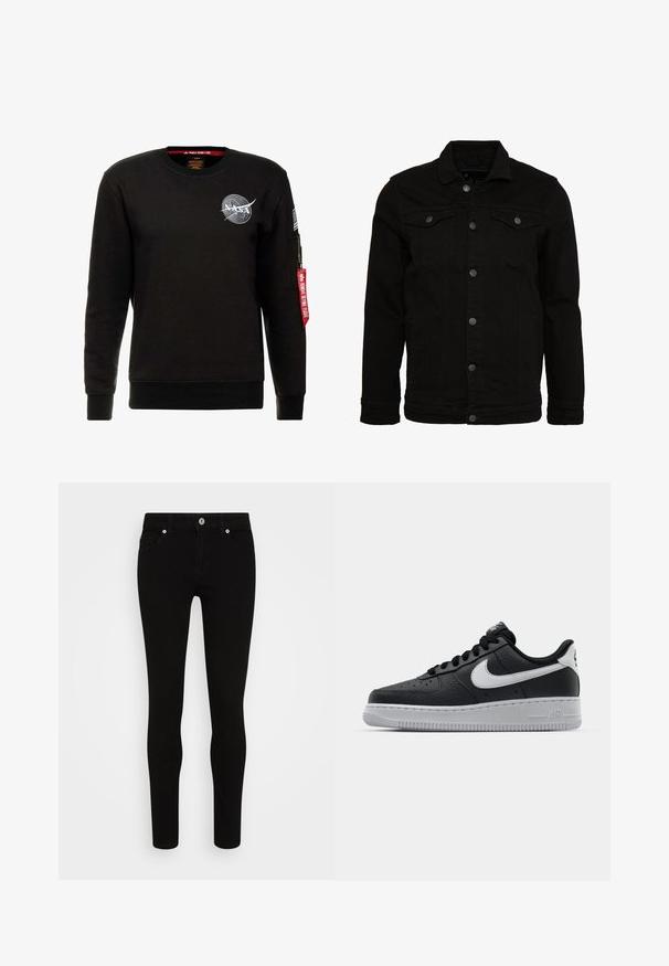 Schwarze Jeansjacke mit klassischem Design, ausgestattet mit Knopfverschluss, zwei Brusttaschen und einer leicht strukturierten Oberfläche.; Alpha Industries NASA - Sweatshirt - schwarz; Schwarze Skinny-Jeans mit glatter Textur, Fünf-Taschen-Design, vorderer Knopfverschluss und schlankem Schnitt. Minimalistischer Stil ohne sichtbare Muster.; Schwarze Ledersneaker mit strukturierten Oberflächen, weißem Nike-Swoosh, grauer Sohle, runder Zehenpartie und Schnürdesign. Verfügt über Perforationen an der Zehenbox.