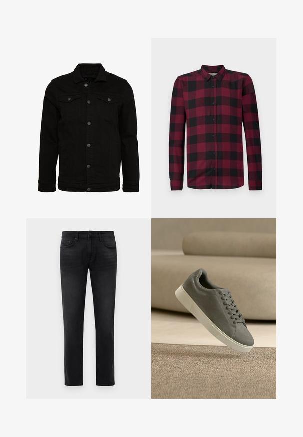 Veste en denim noir au design classique, dotée de fermetures à boutons, de deux poches poitrine et d'une surface légèrement texturée.; Chemise à manches longues avec un motif à carreaux rouge et noir, col classique et poignets ajustés.; Jean slim noir avec cinq poches, passants de ceinture et fermeture à bouton, posé à plat sur un fond blanc.; Baskets en daim gris avec semelle blanche et lacets flottant au-dessus d'un tapis beige texturé dans une pièce aux tons neutres.