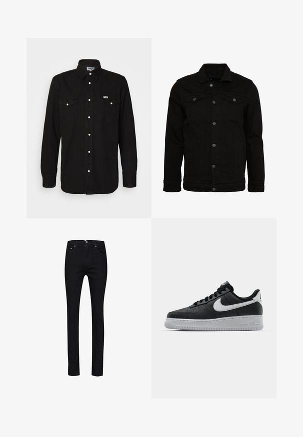 Schwarze Jeansjacke mit klassischem Design, ausgestattet mit Knopfverschluss, zwei Brusttaschen und einer leicht strukturierten Oberfläche.; Schwarzes Button-Up-Hemd mit spitzem Kragen, zwei Brusttaschen, weißen Druckknöpfen und strukturiertem Stoff. Wrangler-Logo auf der linken Brust.; Schwarze Jeans aus Denim mit geradem Schnitt, fünf Taschen, Metallknöpfen und einer einzelnen Gesäßtasche mit Ziersteppung.; Schwarze Ledersneaker mit strukturierten Oberflächen, weißem Nike-Swoosh, grauer Sohle, runder Zehenpartie und Schnürdesign. Verfügt über Perforationen an der Zehenbox.