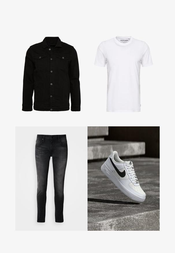 Sort denimjakke med et klassisk design, der har knaplukninger, to brystlommer og en let tekstureret overflade.; Hvid t-shirt med korte ærmer lavet af bomuld, med en rund hals og et enkelt design. Brandtag synlig på halsområdet. Ingen mønstre eller accenter.; Sorte denimjeans med slim fit, fem-lomme design, diskret falmning og kontraststing. Har klassisk metalknap og lynlås lukning.; Hvid Nike Air Force 1-sneaker med sort swoosh, snørebånd bundet, placeret i luften over tekstureret betonoverflade udendørs.