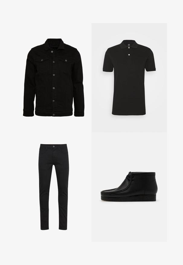 Schwarze Jeansjacke mit klassischem Design, ausgestattet mit Knopfverschluss, zwei Brusttaschen und einer leicht strukturierten Oberfläche.; Schwarzes Poloshirt aus Baumwolle, mit einem flachen Kragen, einer Knopfleiste mit zwei Knöpfen und kurzen Ärmeln mit dezenten Bündchen. Keine Muster oder Grafiken.; Schwarze Skinny-Jeans aus leichtem Stoff, mit einem Frontknopfverschluss, fünf Taschen und dezenten Nahtdetails.; Schwarze Leder-Stiefeletten mit runder Zehenpartie, gestickten Details und einer weichen Gummisohle. Verfügt über ein vorderes Schnürdesign.