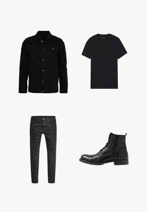 Veste en denim noir au design classique, dotée de fermetures à boutons, de deux poches poitrine et d'une surface légèrement texturée.; T-shirt en coton noir à manches courtes et col rond. Le tissu a une texture lisse et un design simple et uni.; Jeans noirs slim-fit avec poches avant, passants de ceinture, et fermeture à bouton, présentés sur un fond blanc.; Bottines noires en cuir avec un bout arrondi, un laçage à l'avant, des accents texturés et un petit talon épais.