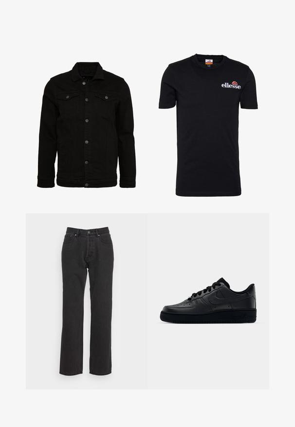 Casaco de denim preto com um design clássico, apresentando fechos de botão, dois bolsos no peito e uma superfície ligeiramente texturizada.; T-shirt preto de manga curta feito de algodão. Apresenta um decote redondo e o logótipo bordado "ellesse" com um toque em vermelho e laranja.; Calças de ganga pretas com um design de perna reta, apresentando um fecho frontal com botão, passantes para cinto e dois bolsos laterais. Tecido texturizado.; Sapatilha Nike Air Force 1 preta com parte superior em couro liso, bico perfurado para respirabilidade, atacadores pretos e sola de borracha texturizada.
