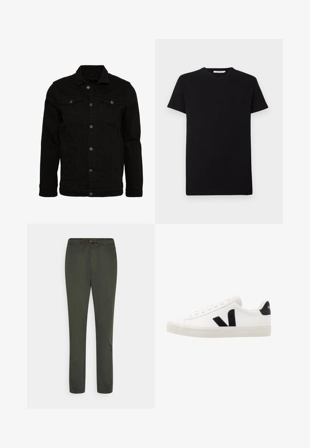 Schwarze Jeansjacke mit klassischem Design, ausgestattet mit Knopfverschluss, zwei Brusttaschen und einer leicht strukturierten Oberfläche.; Schwarzes Baumwoll-T-Shirt mit kurzen Ärmeln und V-Ausschnitt. Einfaches Design, einfarbig und weiche Textur. Keine sichtbaren Muster oder Akzente.; Olivgrüne, leichte Hosen mit elastischem Bund, Kordelzug und schmal zulaufendem Bein. Mit Seitentaschen und glatter Textur.; Weiße Leder-Sneaker mit schwarzen Wildlederelementen; verfügen über eine Gummisohle, eine runde Spitze und ein klassisches Schnürdesign. Seitliches Logo in Schwarz.
