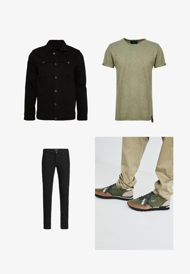 Schwarze Jeansjacke mit klassischem Design, ausgestattet mit Knopfverschluss, zwei Brusttaschen und einer leicht strukturierten Oberfläche.; Olivenfarbener T-Shirt mit kurzen Ärmeln, aus weichem Stoff gefertigt, mit einem runden Halsausschnitt und umgeschlagenen Ärmeln sowie einem schwarzen Akzent-Tag an der Seite.; Schmal geschnittene schwarze Jeans mit fünf Taschen, Knopfverschluss und Gürtelschlaufen, etikettiert mit Jack & Jones.; Grüne und braune Sportschuhe aus Wildleder und Nylon, mit schwarzen Schnürsenkeln, einem gemusterten Design und einer Gummisohle.