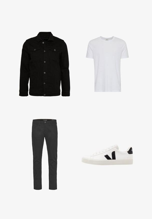Schwarze Jeansjacke mit klassischem Design, ausgestattet mit Knopfverschluss, zwei Brusttaschen und einer leicht strukturierten Oberfläche.; Schlichtes weißes T-Shirt mit kurzen Ärmeln und Rundhalsausschnitt, präsentiert auf weißem Hintergrund, mit einem kleinen Nackenetikett, das die Marke „Solid“ zeigt.; Schwarze Baumwollmischungshosen mit schmaler Passform, ausgestattet mit fünf Taschen, einem Knopf und einem Reißverschluss vorne sowie dezenten Nähten.; Weiße Leder-Sneaker mit schwarzen Wildlederelementen; verfügen über eine Gummisohle, eine runde Spitze und ein klassisches Schnürdesign. Seitliches Logo in Schwarz.