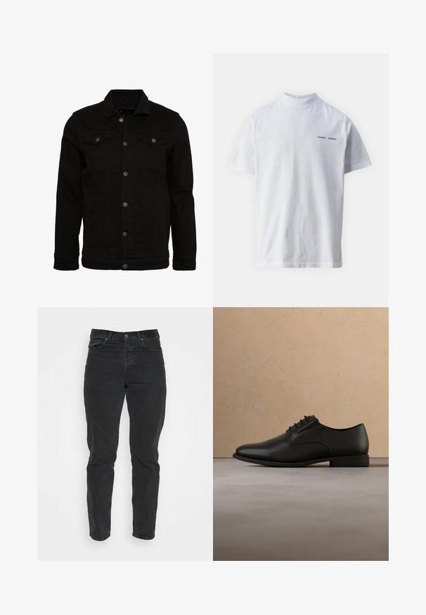 Sort denimjakke med et klassisk design, der har knaplukninger, to brystlommer og en let tekstureret overflade.; Hvid bomulds t-shirt med høj halsudskæring og korte ærmer. Har "SAMSØE SAMSØE" logo i sort på forsiden. Glat tekstur.; Sorte denimjeans med lige pasform, fem lommer, frontlukning med knap og kontrastsyninger. Glat tekstur med let slid synligt.; Sort læder Oxford-formel sko med snørebånd, placeret i luften over et beige tæppe i et minimalistisk rum.