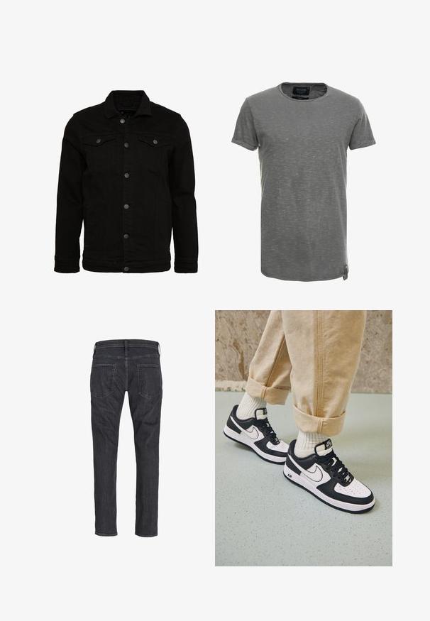 Sort denimjakke med et klassisk design, der har knaplukninger, to brystlommer og en let tekstureret overflade.; Grå kortærmet t-shirt lavet af blødt, tekstureret stof. Har en rund halsudskæring og et diskret meleret mønster, med et mærketag på siden.; Mørkegrå jeans med lige ben, vist bagfra med to baglommer og bæltestropper på linningen.; Sorte og hvide Nike Air Force 1 sneakers med læderoverdel, perforeret tå og tekstureret såldetalje, båret med rullede beige bukser og hvide sokker.