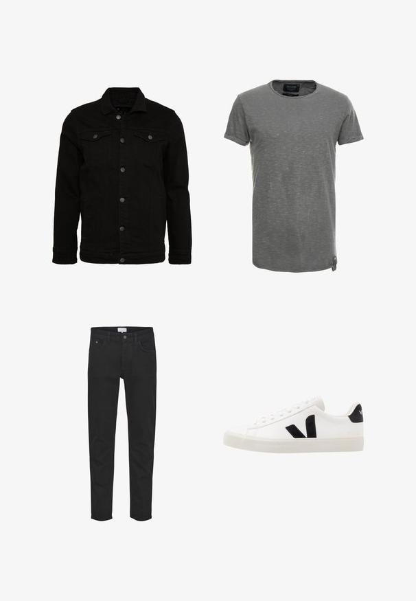 Sort denimjakke med et klassisk design, der har knaplukninger, to brystlommer og en let tekstureret overflade.; Grå kortærmet t-shirt lavet af blødt, tekstureret stof. Har en rund halsudskæring og et diskret meleret mønster, med et mærketag på siden.; Sorte denimjeans har fem lommer, lynlås, en slim fit og subtile syninger. Stoffet har en glat tekstur.; Hvide lædersneakers med sorte ruskindsdetaljer; har en gummisål, rund tå og klassisk snørebåndsdesign. Side logo i sort.
