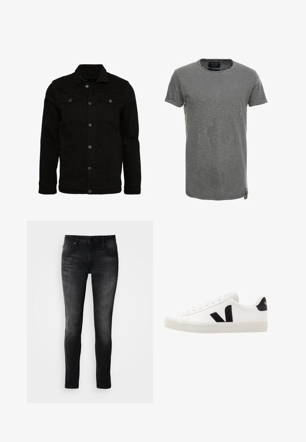 Schwarze Jeansjacke mit klassischem Design, ausgestattet mit Knopfverschluss, zwei Brusttaschen und einer leicht strukturierten Oberfläche.; Graues Kurzarm-T-Shirt aus weichem, strukturiertem Stoff. Es hat einen runden Halsausschnitt und ein dezentes meliert Muster, mit einem Markenetikett an der Seite.; Schwarze Denim-Jeans im Slim-Fit-Schnitt, mit fünf Taschen, dezentem Used-Look und Kontrastnähten. Ausgestattet mit klassischem Metallknopf und Reißverschluss.; Weiße Leder-Sneaker mit schwarzen Wildlederelementen; verfügen über eine Gummisohle, eine runde Spitze und ein klassisches Schnürdesign. Seitliches Logo in Schwarz.