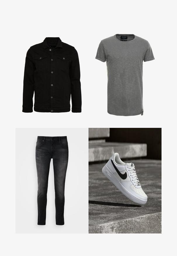 Schwarze Jeansjacke mit klassischem Design, ausgestattet mit Knopfverschluss, zwei Brusttaschen und einer leicht strukturierten Oberfläche.; Graues Kurzarm-T-Shirt aus weichem, strukturiertem Stoff. Es hat einen runden Halsausschnitt und ein dezentes meliert Muster, mit einem Markenetikett an der Seite.; Schwarze Denim-Jeans im Slim-Fit-Schnitt, mit fünf Taschen, dezentem Used-Look und Kontrastnähten. Ausgestattet mit klassischem Metallknopf und Reißverschluss.; Weißer Nike Air Force 1 Sneaker mit schwarzem Swoosh, geschnürten Schnürsenkeln, schwebend in der Luft über einer strukturierten Betonoberfläche im Freien.