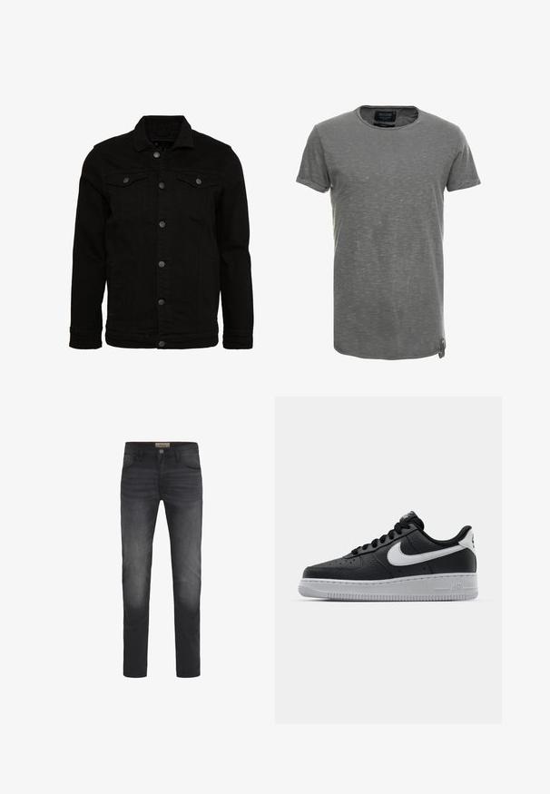 Schwarze Jeansjacke mit klassischem Design, ausgestattet mit Knopfverschluss, zwei Brusttaschen und einer leicht strukturierten Oberfläche.; Graues Kurzarm-T-Shirt aus weichem, strukturiertem Stoff. Es hat einen runden Halsausschnitt und ein dezentes meliert Muster, mit einem Markenetikett an der Seite.; Dunkelblaue Jeans mit Slim-Fit-Schnitt, Knopfverschluss, fünf Taschen und einem leichten Ausbleichungseffekt an den Oberschenkeln.; Schwarze Ledersneaker mit strukturierten Oberflächen, weißem Nike-Swoosh, grauer Sohle, runder Zehenpartie und Schnürdesign. Verfügt über Perforationen an der Zehenbox.