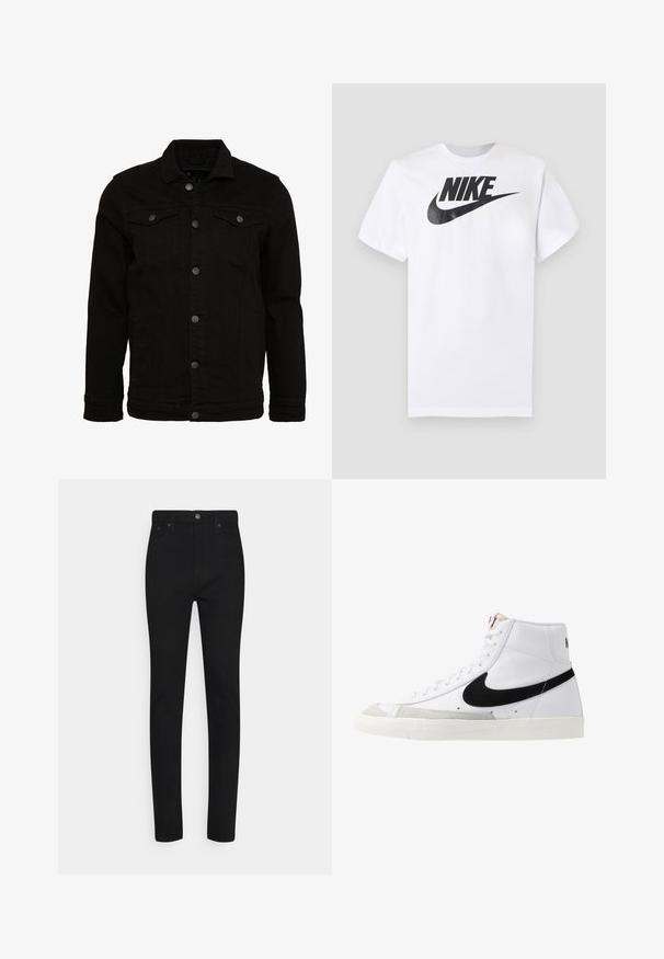 Mustern mustern sinine teksajakk klassikalise disainiga, nupuvääristustega, kahe rinna taskuga ja kergelt tekstureeritud pinnaga.; Valge lühikeste varrukatega T-särk, millel on must Nike'i logo ja keskel rinnal asuv swoosh, halli ühevärvilise tausta ees.; Mustast denimist kitsad püksid kõrge vöökohaga, millel on eesnupuga sulgemine ja viis taskut. Sile tekstuur ja kohandatud lõige.; Valged kõrgemad tenniseked musta logoga, tekstureeritud halli varbakattega ja lapikuga valge tallaga. Omab kuut silmust ja õmmeldud detaile.