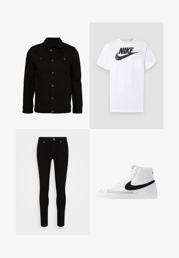 Sort denimjakke med et klassisk design, der har knaplukninger, to brystlommer og en let tekstureret overflade.; Hvid T-shirt med korte ærmer med sort Nike-logo og swoosh centreret på brystet mod en ensfarvet grå baggrund.; Sorte skinny jeans med en glat tekstur, fem lommer, frontlukning med knap og en slank silhuet. Minimalistisk stil uden synlige mønstre.; Hvide høje sneakers med et sort swoosh, struktureret grå tåhætte og flad hvid sål. Har seks snørrehuller og syede detaljer.