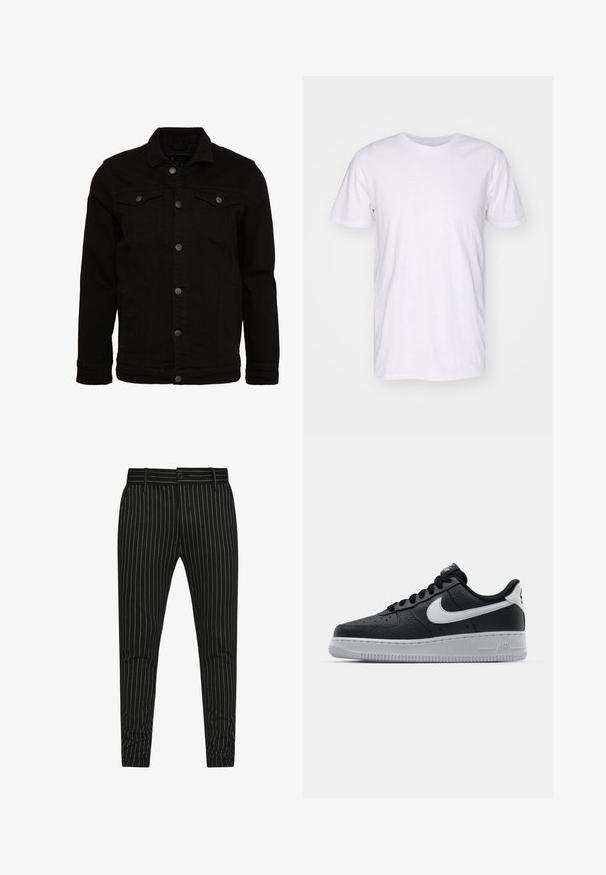 Mustern mustern sinine teksajakk klassikalise disainiga, nupuvääristustega, kahe rinna taskuga ja kergelt tekstureeritud pinnaga.; Selected SLHASPEN SLUB TEE - Lihtne T-särk - bright white; Mustmustriibulised püksid, mis sisaldavad vertikaalseid valgeid pinstribe, kitsast lõike, nupulukk ja vöökonksud reguleeritava suuruse jaoks.; Must musta sneaker tekstureeritud pinnaga, valge Nike logo, hall tald, ümar varv ja paeltega disain. Omab perforatsioone varbakasti peal.