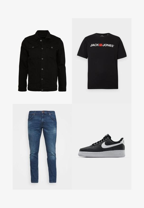 Schwarze Jeansjacke mit klassischem Design, ausgestattet mit Knopfverschluss, zwei Brusttaschen und einer leicht strukturierten Oberfläche.; Schwarzes Baumwoll-T-Shirt mit Rundhalsausschnitt, das weißen "JACK & JONES"-Text in fetter Schrift und einem roten Akzentfeld zeigt. Mit kurzen Ärmeln.; Dunkelblaue Denim-Jeans mit schlanker Passform, leicht verblasst, mit knopfbeschichtetem Bund und fünf praktischen Taschen.; Schwarze Ledersneaker mit strukturierten Oberflächen, weißem Nike-Swoosh, grauer Sohle, runder Zehenpartie und Schnürdesign. Verfügt über Perforationen an der Zehenbox.
