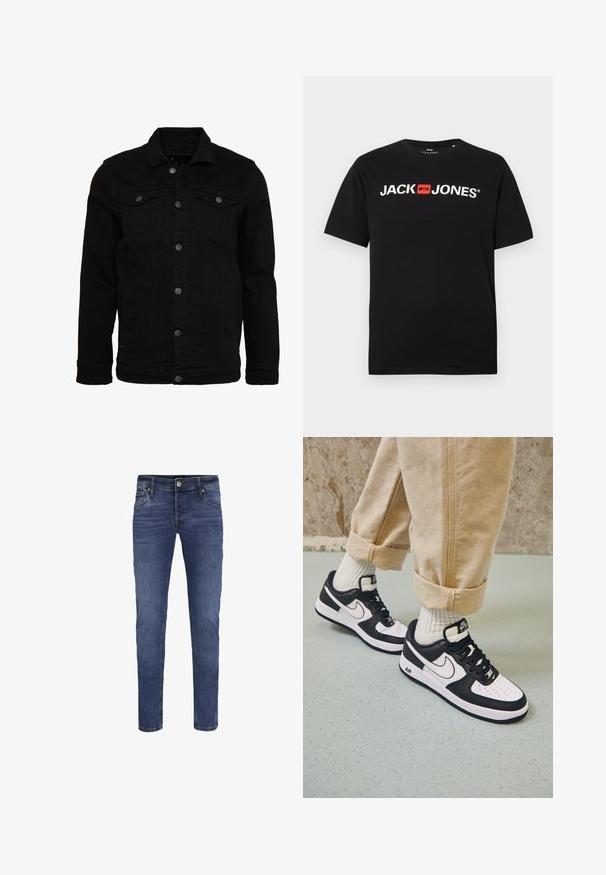 Sort denimjakke med et klassisk design, der har knaplukninger, to brystlommer og en let tekstureret overflade.; Sort bomulds t-shirt med rund hals, der har hvid tekst "JACK & JONES" i fede bogstaver og en rød akcentboks. Korte ærmer.; Slim-fit blå denim jeans til mænd med knap- og lynlåslukning, for- og baglommer samt subtile blege detaljer.; Sorte og hvide Nike Air Force 1 sneakers med læderoverdel, perforeret tå og tekstureret såldetalje, båret med rullede beige bukser og hvide sokker.