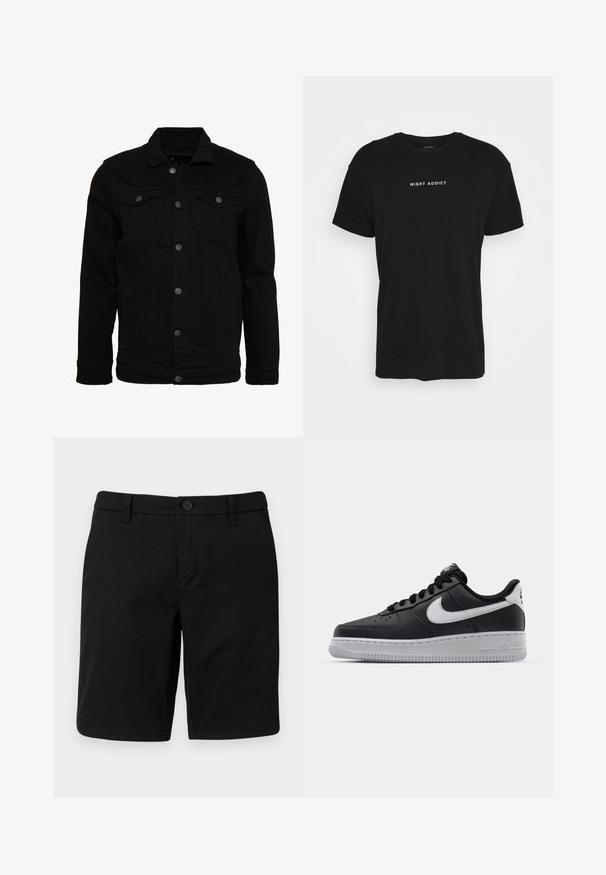 Veste en denim noir au design classique, dotée de fermetures à boutons, de deux poches poitrine et d'une surface légèrement texturée.; T-shirt en coton noir à manches courtes et encolure ronde. Présente le texte "NIGHT ADDICT" en blanc, centré sur la poitrine.; Shorts noirs longueur genou avec fermeture par boutons, passants pour ceinture et un design simple sur fond clair.; Baskets en cuir noir avec surface texturée, swoosh Nike blanc, semelle grise, bout rond et design à lacets. Comprend des perforations sur la boîte à orteils.