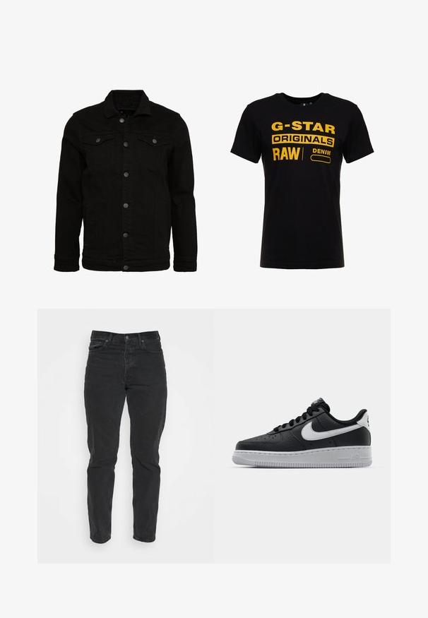 Sort denimjakke med et klassisk design, der har knaplukninger, to brystlommer og en let tekstureret overflade.; Sort bomulds T-shirt med fed gul trykt tekst: "G-STAR ORIGINALS RAW DENIM." Crew neck og design med korte ærmer.; Sorte denimjeans med lige pasform, fem lommer, frontlukning med knap og kontrastsyninger. Glat tekstur med let slid synligt.; Sort lædersneaker med tekstureret overflade, hvid Nike swoosh, grå sål, rund tå og snørebåndsdesign. Har perforeringer på tåboksen.