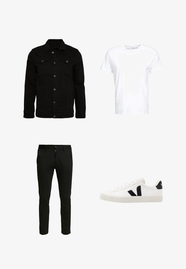Schwarze Jeansjacke mit klassischem Design, ausgestattet mit Knopfverschluss, zwei Brusttaschen und einer leicht strukturierten Oberfläche.; Weißes Baumwoll-T-Shirt mit rundem Ausschnitt und kurzen Ärmeln, im klassischen Schnitt und mit glatter Textur. Keine sichtbaren Muster oder Hardware.; Schwarze, taillierte Hose aus einem weichen Stoff. Mit einem Reißverschluss und einem Knopfverschluss, zwei Eingrifftaschen und einer sauberen, glatten Oberfläche.; Weiße Leder-Sneaker mit schwarzen Wildlederelementen; verfügen über eine Gummisohle, eine runde Spitze und ein klassisches Schnürdesign. Seitliches Logo in Schwarz.