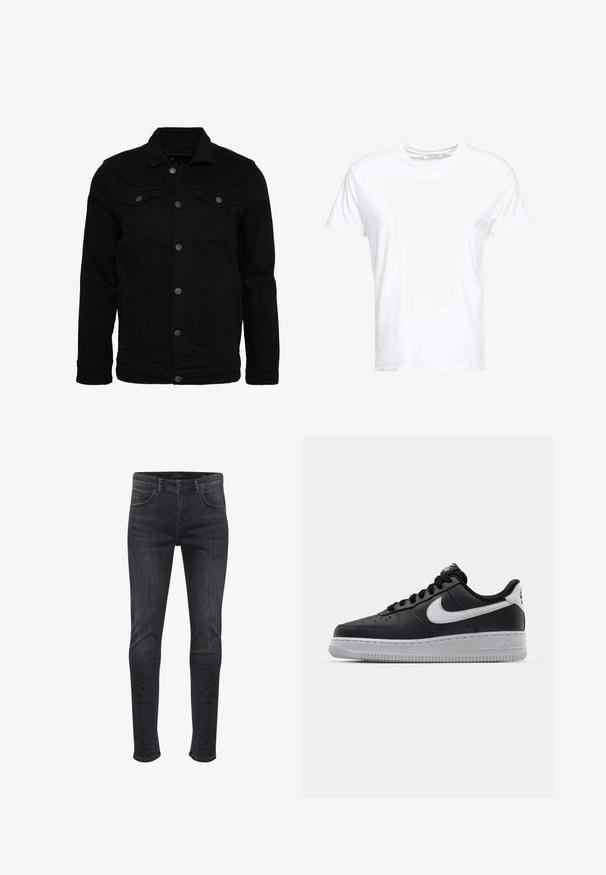 Schwarze Jeansjacke mit klassischem Design, ausgestattet mit Knopfverschluss, zwei Brusttaschen und einer leicht strukturierten Oberfläche.; Weißes Baumwoll-T-Shirt mit rundem Ausschnitt und kurzen Ärmeln, im klassischen Schnitt und mit glatter Textur. Keine sichtbaren Muster oder Hardware.; Hoch sitzende Skinny-Jeans aus dunkelgrauem Denim, mit seitlichen und hinteren Taschen, einem vorderen Knopfverschluss und dezenten Ausbleichdetails.; Schwarze Ledersneaker mit strukturierten Oberflächen, weißem Nike-Swoosh, grauer Sohle, runder Zehenpartie und Schnürdesign. Verfügt über Perforationen an der Zehenbox.