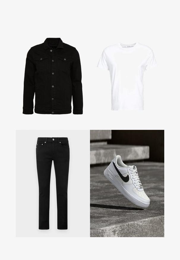 Sort denimjakke med et klassisk design, der har knaplukninger, to brystlommer og en let tekstureret overflade.; Hvid bomulds t-shirt med rund halsudskæring og korte ærmer, i en klassisk pasform og glat tekstur. Ingen mønstre eller hardware synlige.; Sorte tætsiddende jeans med fem lommer, metalknap og bæltestropper, præsenteret fladt på en hvid baggrund.; Hvid Nike Air Force 1-sneaker med sort swoosh, snørebånd bundet, placeret i luften over tekstureret betonoverflade udendørs.