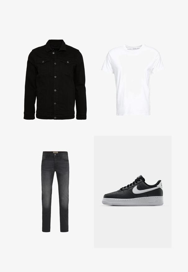 Schwarze Jeansjacke mit klassischem Design, ausgestattet mit Knopfverschluss, zwei Brusttaschen und einer leicht strukturierten Oberfläche.; Weißes Baumwoll-T-Shirt mit rundem Ausschnitt und kurzen Ärmeln, im klassischen Schnitt und mit glatter Textur. Keine sichtbaren Muster oder Hardware.; Dunkelblaue Jeans mit Slim-Fit-Schnitt, Knopfverschluss, fünf Taschen und einem leichten Ausbleichungseffekt an den Oberschenkeln.; Schwarze Ledersneaker mit strukturierten Oberflächen, weißem Nike-Swoosh, grauer Sohle, runder Zehenpartie und Schnürdesign. Verfügt über Perforationen an der Zehenbox.